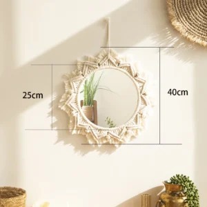 Okrągłe lusterko dekoracyjne boho z makramą na ścianę Brązowy