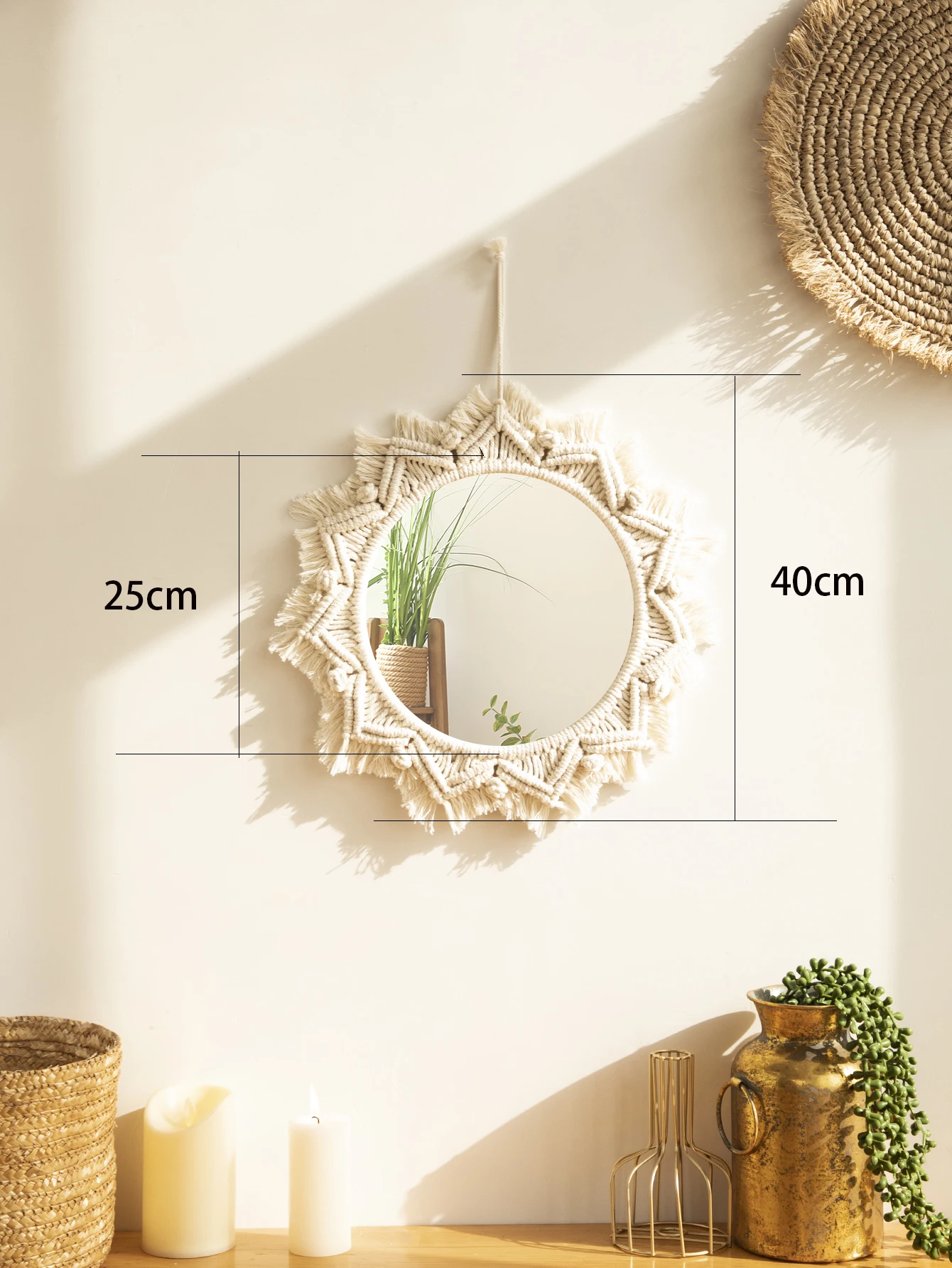 Okrągłe lusterko dekoracyjne boho z makramą na ścianę Brązowy