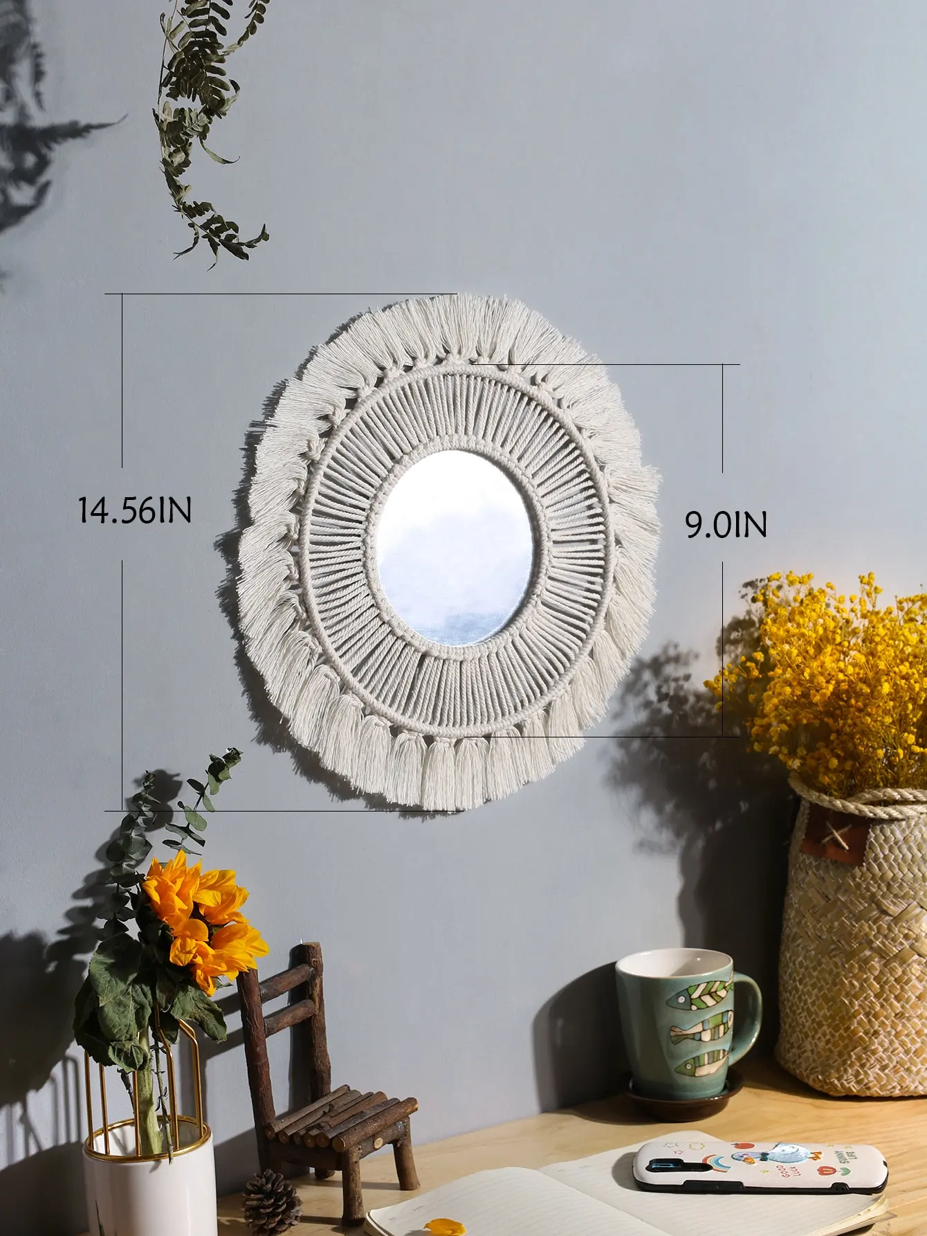 Okrągłe lusterko dekoracyjne boho z makramą na ścianę Niebieski