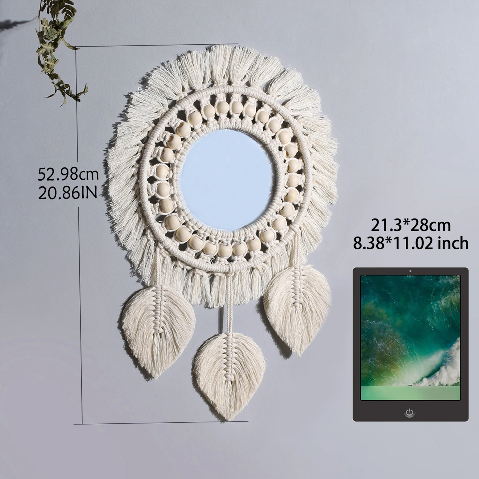 Okrągłe lusterko dekoracyjne boho z makramą na ścianę Złoto