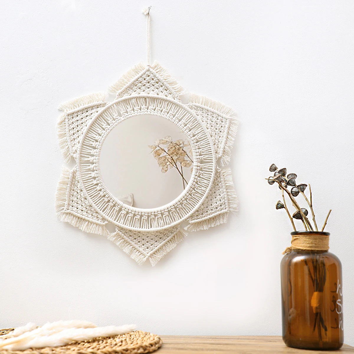 Okrągłe lustro boho makrama – ścienne lustro dekoracyjne z tkaniem Breen