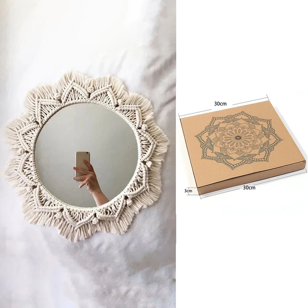 Okrągłe lustro boho makrama – ścienne lustro dekoracyjne z tkaniem Oliwkowy brąz
