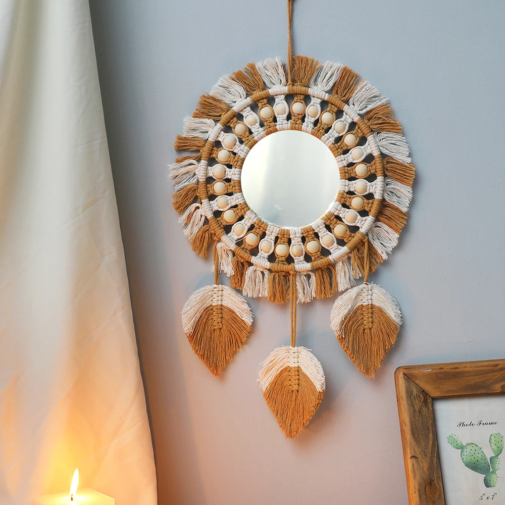 Okrągłe lustro boho makrama – ścienne lustro dekoracyjne z tkaniem Pomarańczowy fluorescencyjny