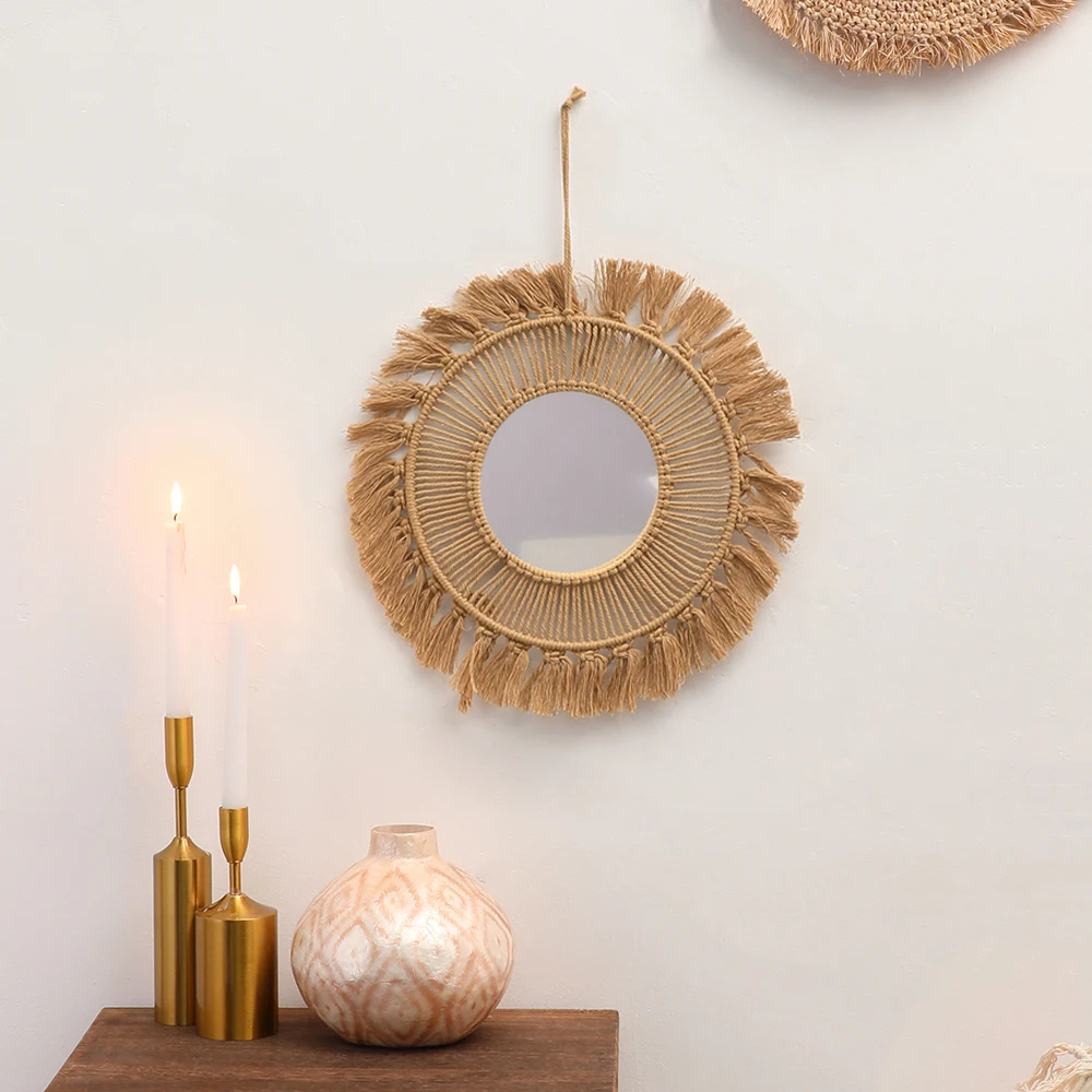 Okrągłe lustro wiszące ręcznie tkane — boho do salonu Brąz