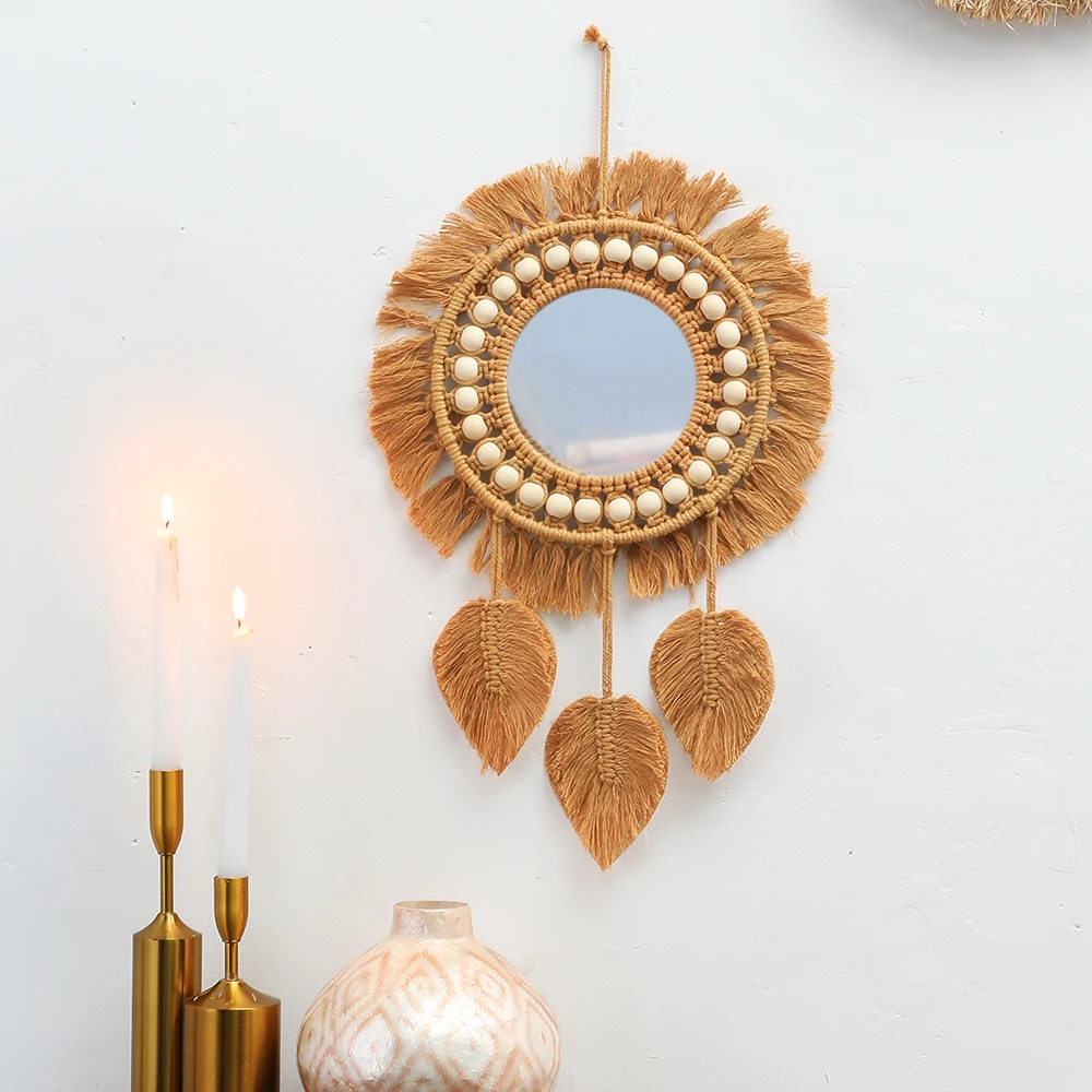 Okrągłe lustro wiszące ręcznie tkane — boho do salonu Złoto