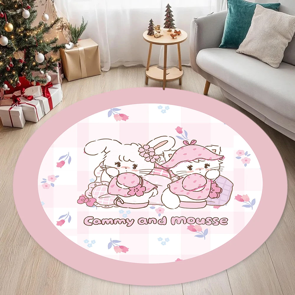 Okrągły różowy dywanik z wzorem kota do pokoju dziecięcego Burgundia