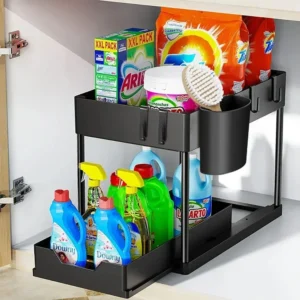 Dwupoziomowy organizer pod zlew wysuwany kosz do szafki B czarny