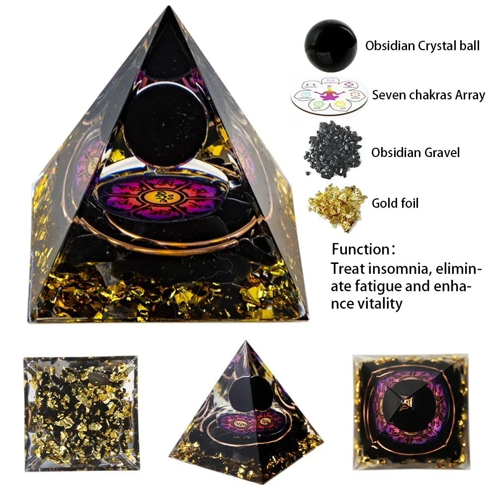 Piramida orgonit z kryształem, dekoracja na biurko Obsidian