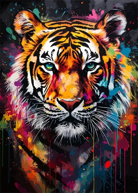 Plakat akwarelowy ze zwierzętami do salonu — nosorożec, lew, tygrys, panda Niebieski