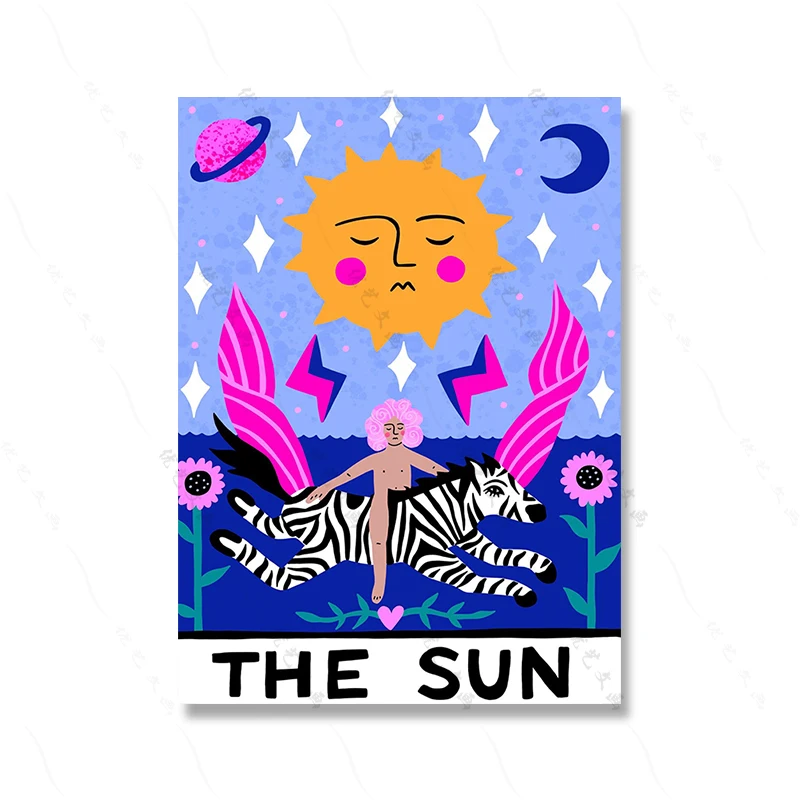 Plakat artystyczny z tygrysem i motywem Tarot - abstrakcyjna grafika do salonu żółty