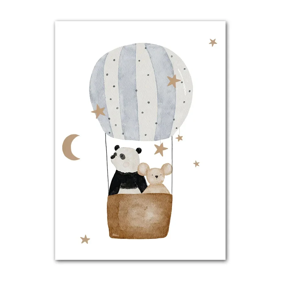Plakat boho z misiami pandą i balonami – canvas do pokoju dziecięcego Jasny
