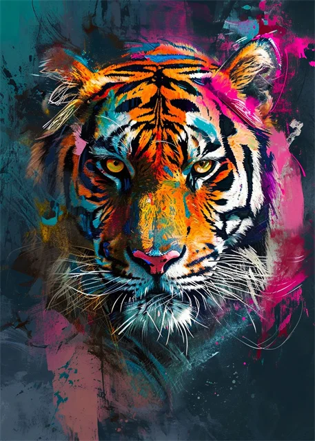 Plakat canvas z kotem i lwem w stylu graffiti — kolorowy art print żółty
