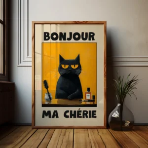 Plakat czarny kot Bonjour Mon Amour - obraz na płótnie do salonu Burgundia
