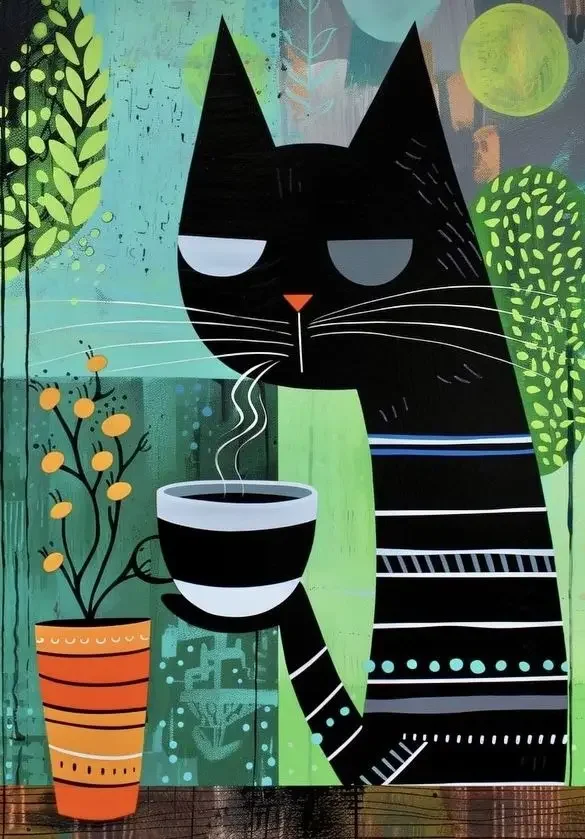 Plakat Czarny Kot Pijący Kawę — Ilustracja do Sypialni Fioletowy
