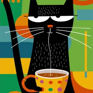 Plakat Czarny Kot Pijący Kawę — Ilustracja do Sypialni Jasnoszary