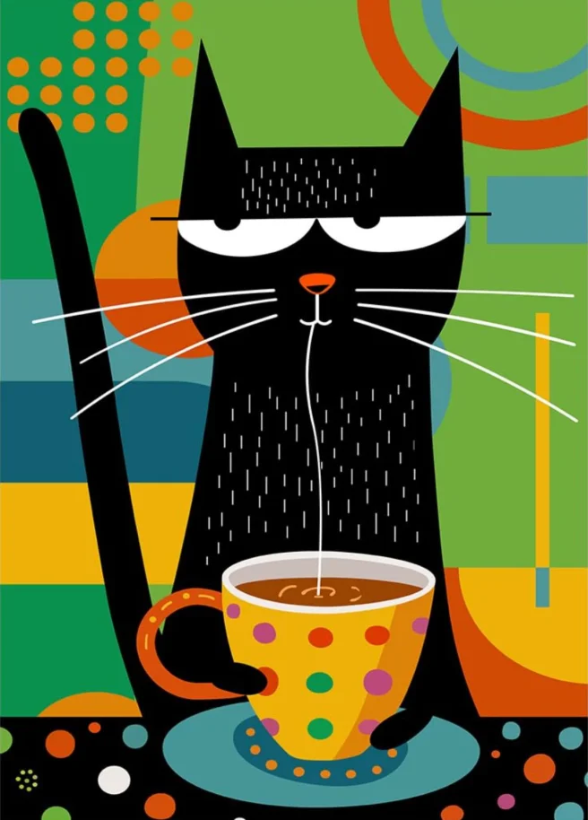 Plakat Czarny Kot Pijący Kawę — Ilustracja do Sypialni Jasnoszary
