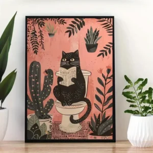 Plakat z czarnym kotem do salonu - zabawna grafika retro żółty