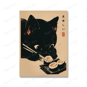 Plakat z czarnym kotem szefem sushi w stylu vintage Biały