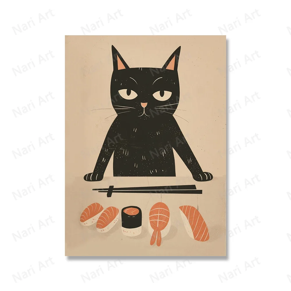 Plakat z czarnym kotem szefem sushi w stylu vintage Czerwony