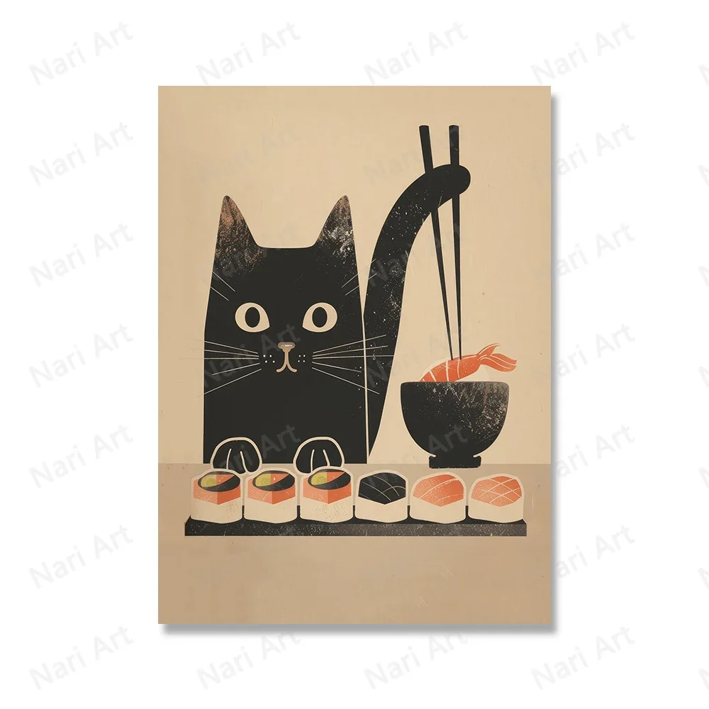 Plakat z czarnym kotem szefem sushi w stylu vintage żółty