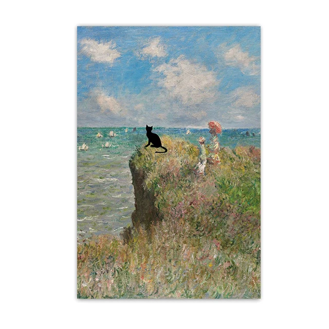 Plakat z czarnym kotem w stylu Van Gogha Gwiaździsta Noc Granatowy