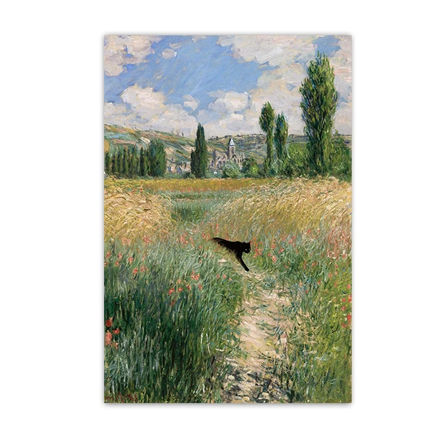 Plakat z czarnym kotem w stylu Van Gogha Gwiaździsta Noc Jasnozielony