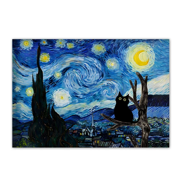 Plakat z czarnym kotem w stylu Van Gogha Gwiaździsta Noc Różowy