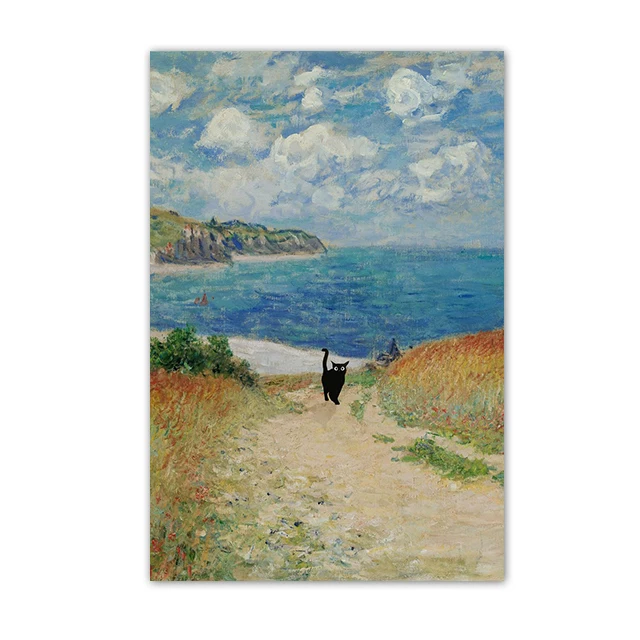 Plakat z czarnym kotem w stylu Van Gogha Gwiaździsta Noc Zielony
