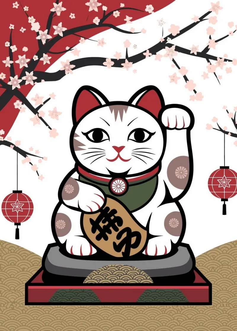 Plakat z japońskim kotem szczęścia Maneki Neko na płótnie Biały