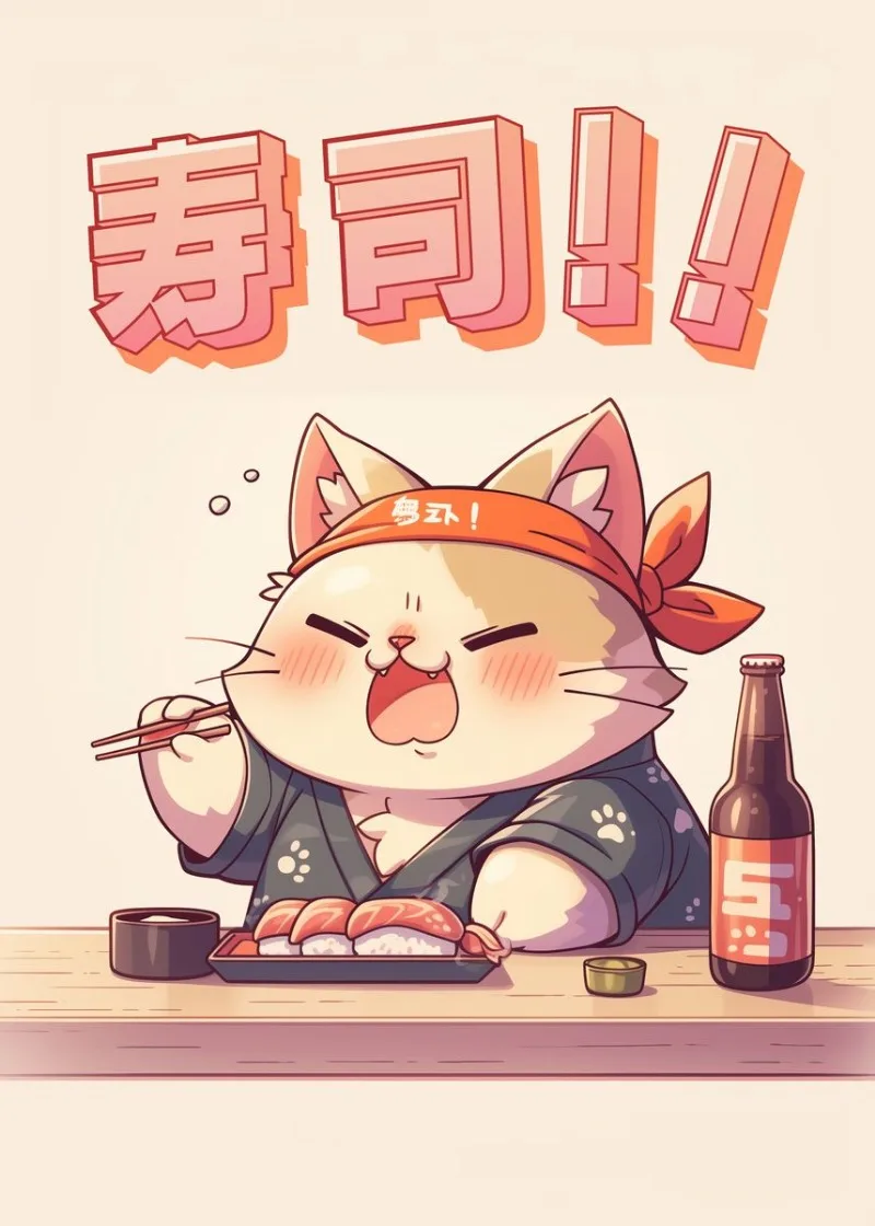 Plakat z japońskim kotem szczęścia Maneki Neko na płótnie Burgundia
