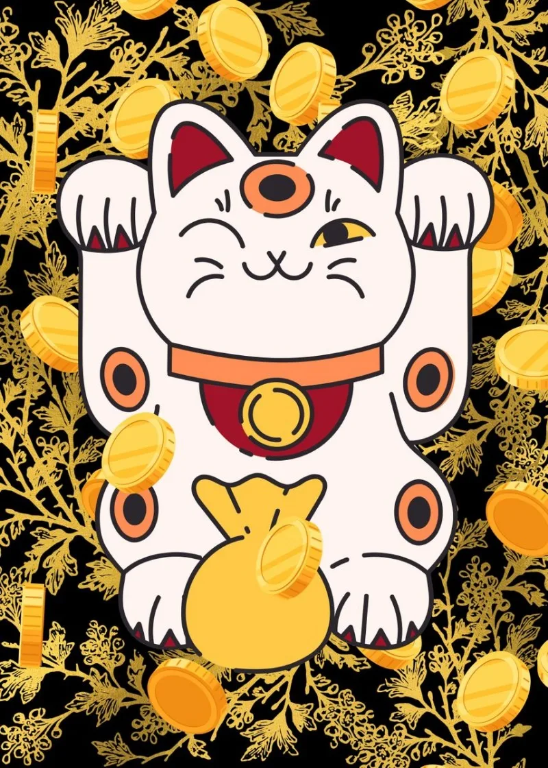 Plakat z japońskim kotem szczęścia Maneki Neko na płótnie Czarny