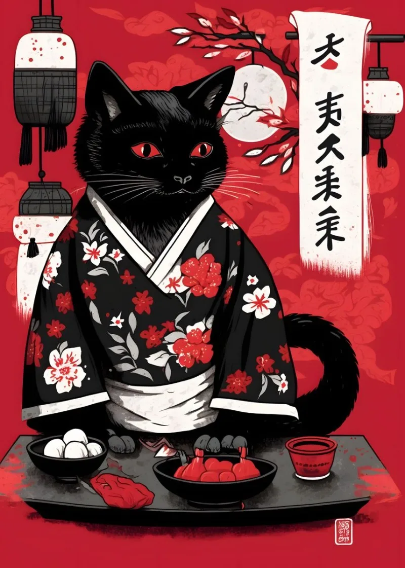 Plakat z japońskim kotem szczęścia Maneki Neko na płótnie Czerwony