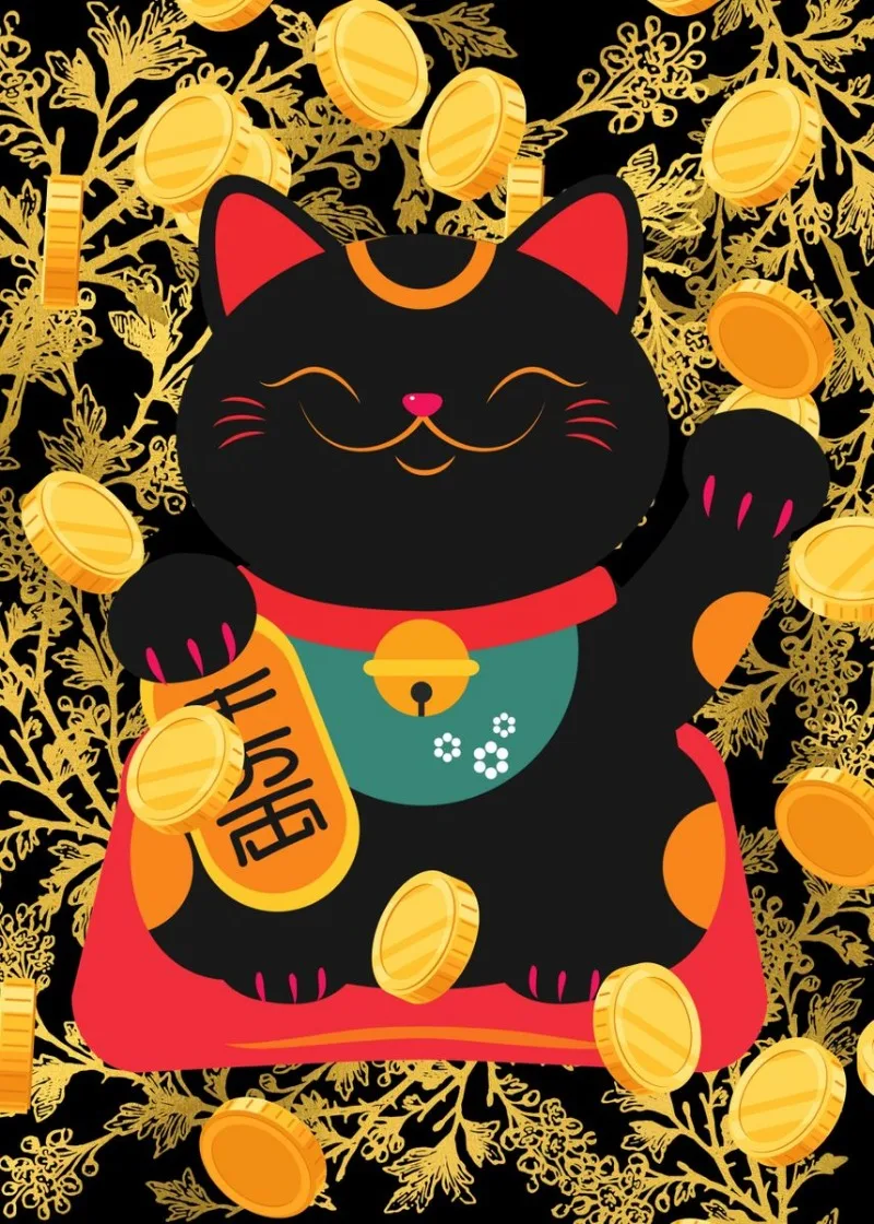 Plakat z japońskim kotem szczęścia Maneki Neko na płótnie Fioletowy