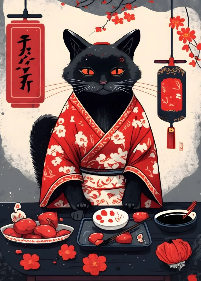 Plakat z japońskim kotem szczęścia Maneki Neko na płótnie Granatowy