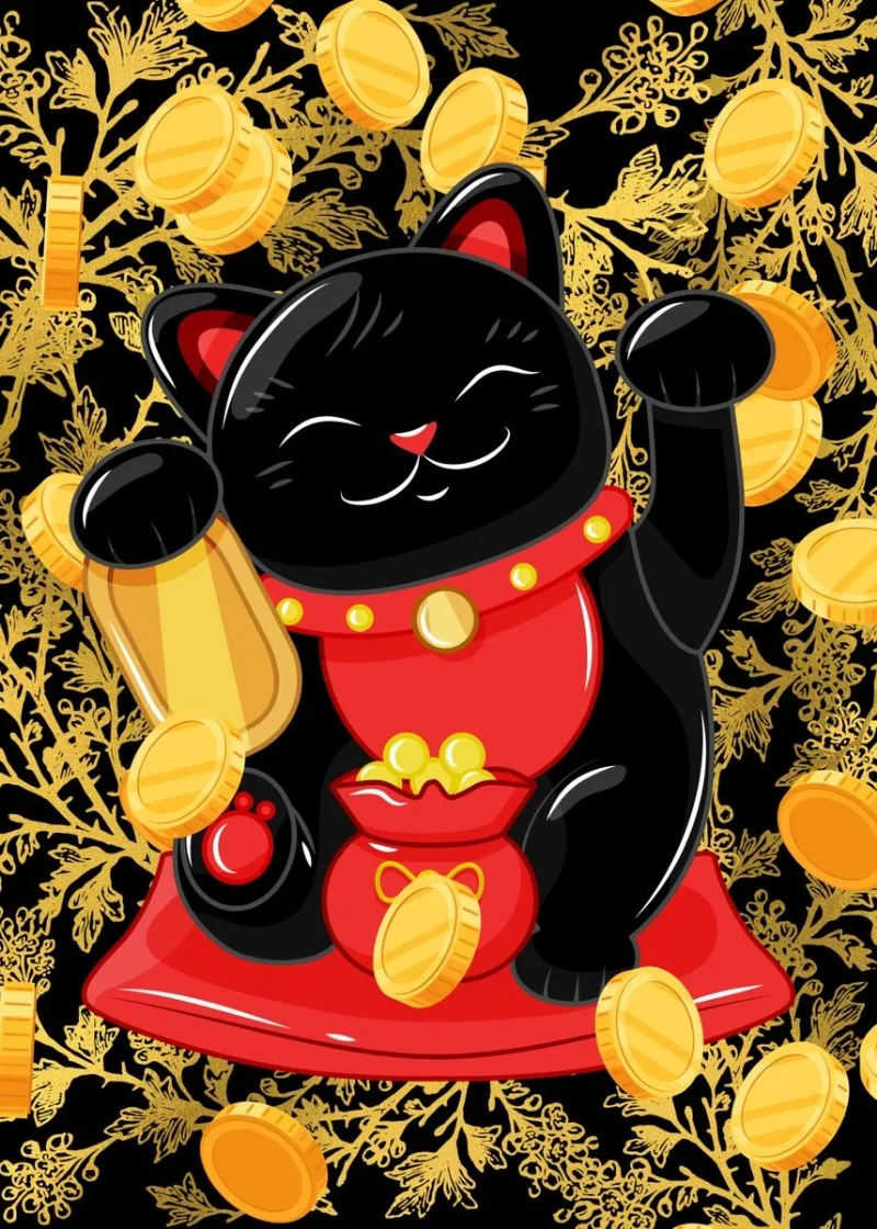 Plakat z japońskim kotem szczęścia Maneki Neko na płótnie Jasnoszary