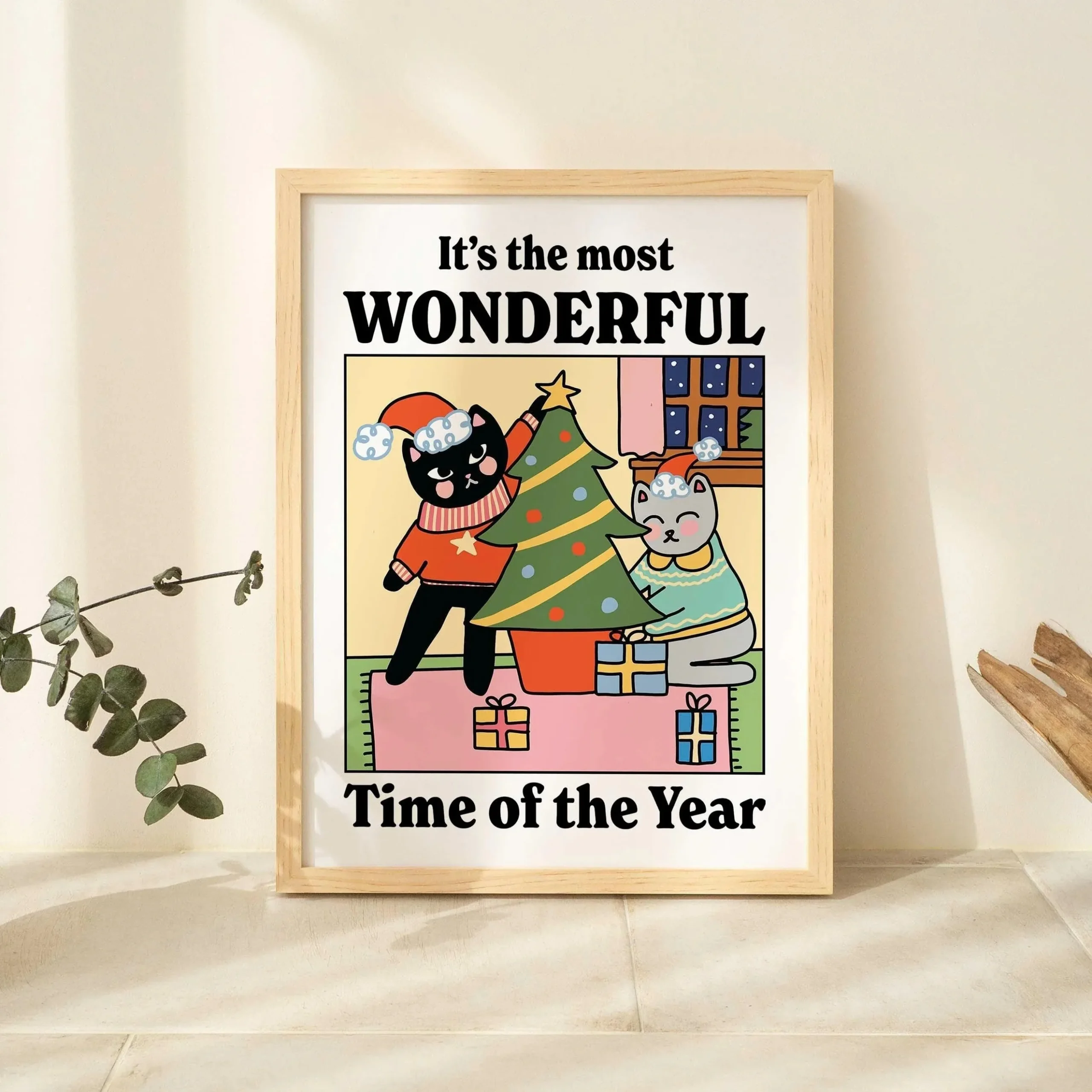 Plakat kawaii z kotem myjącym łapki — obraz na płótnie do łazienki i pokoju dziecięcego Granatowy
