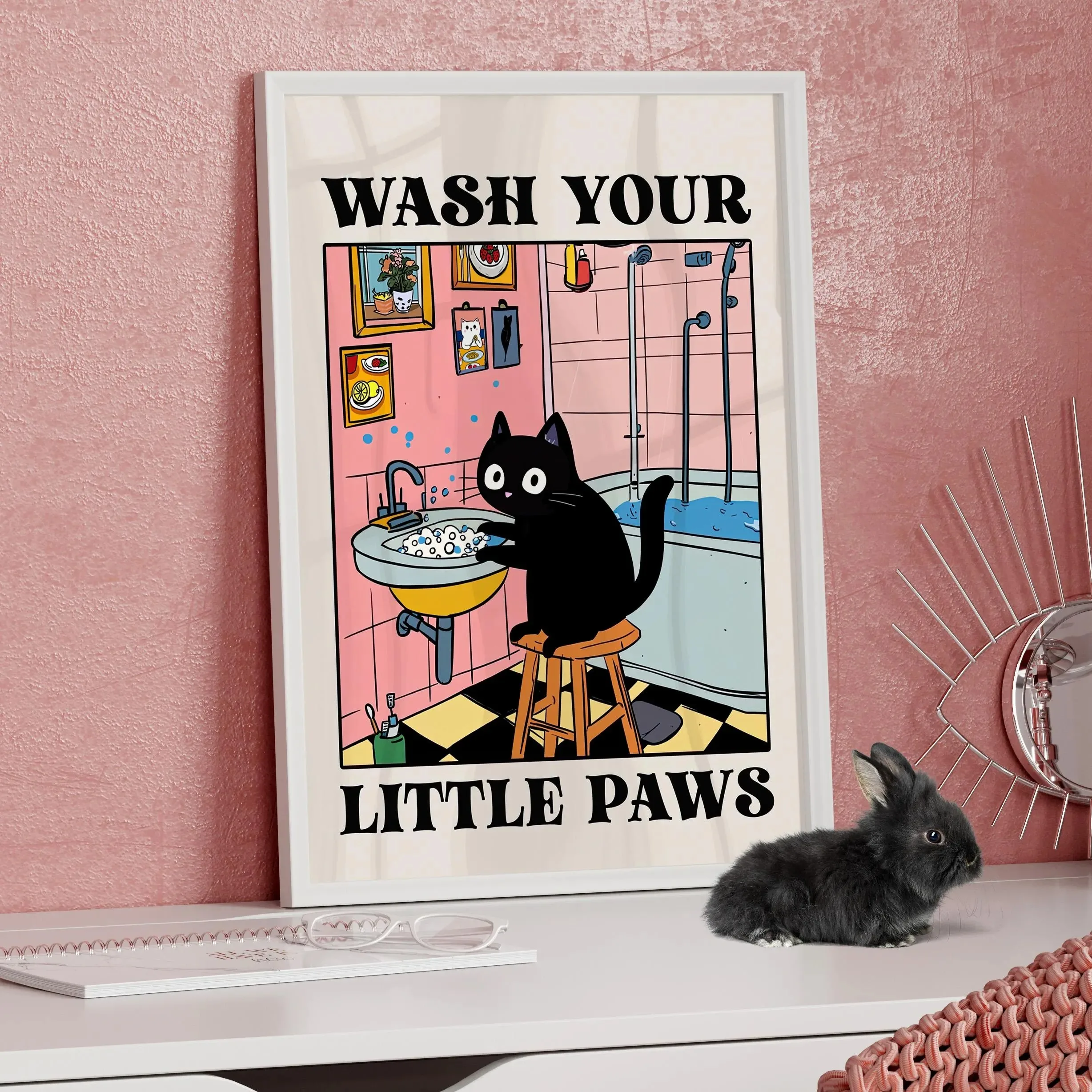 Plakat kawaii z kotem myjącym łapki — obraz na płótnie do łazienki i pokoju dziecięcego Zielony