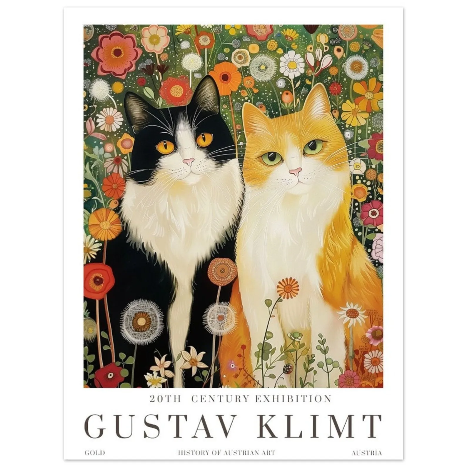 Plakat Gustav Klimt z kotem i lisem na płótnie do salonu Pomarańczowy