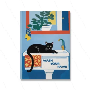Plakat z kotem do łazienki Wash Your Paws kolorowy Biały