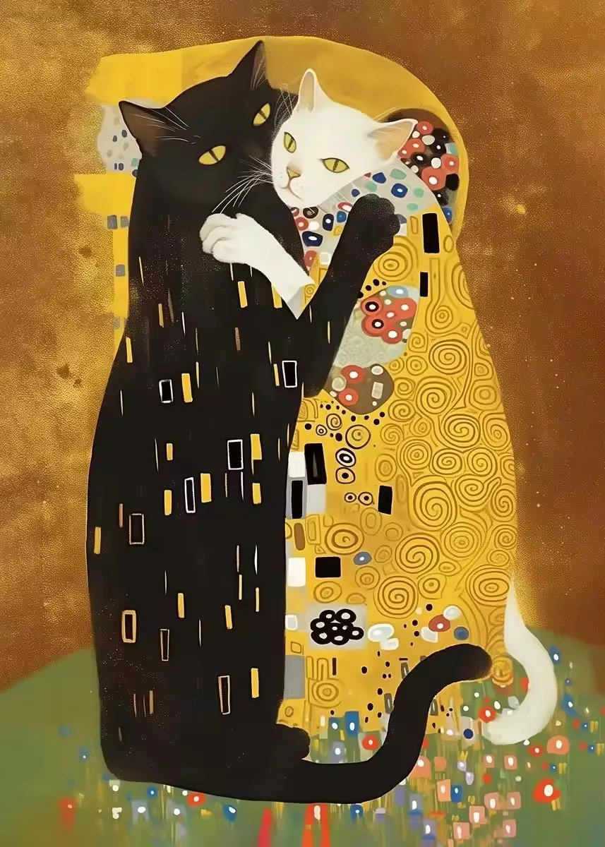 Plakat kot w stylu Klimta złoty patchwork dekoracja salonu Biały