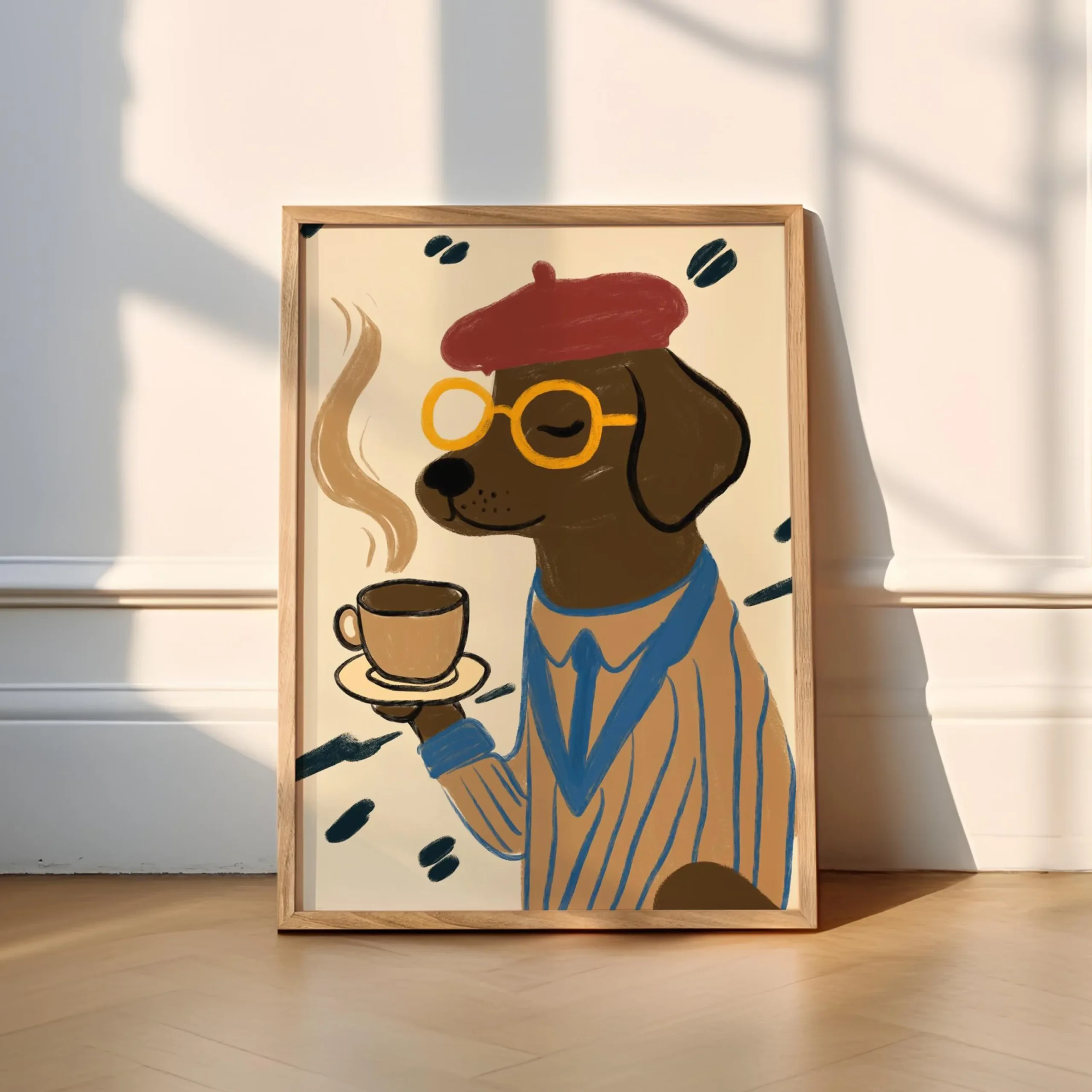 Plakat na plotnie Bonjour Mon Amour z czarnym kotem mid-century Beżowy