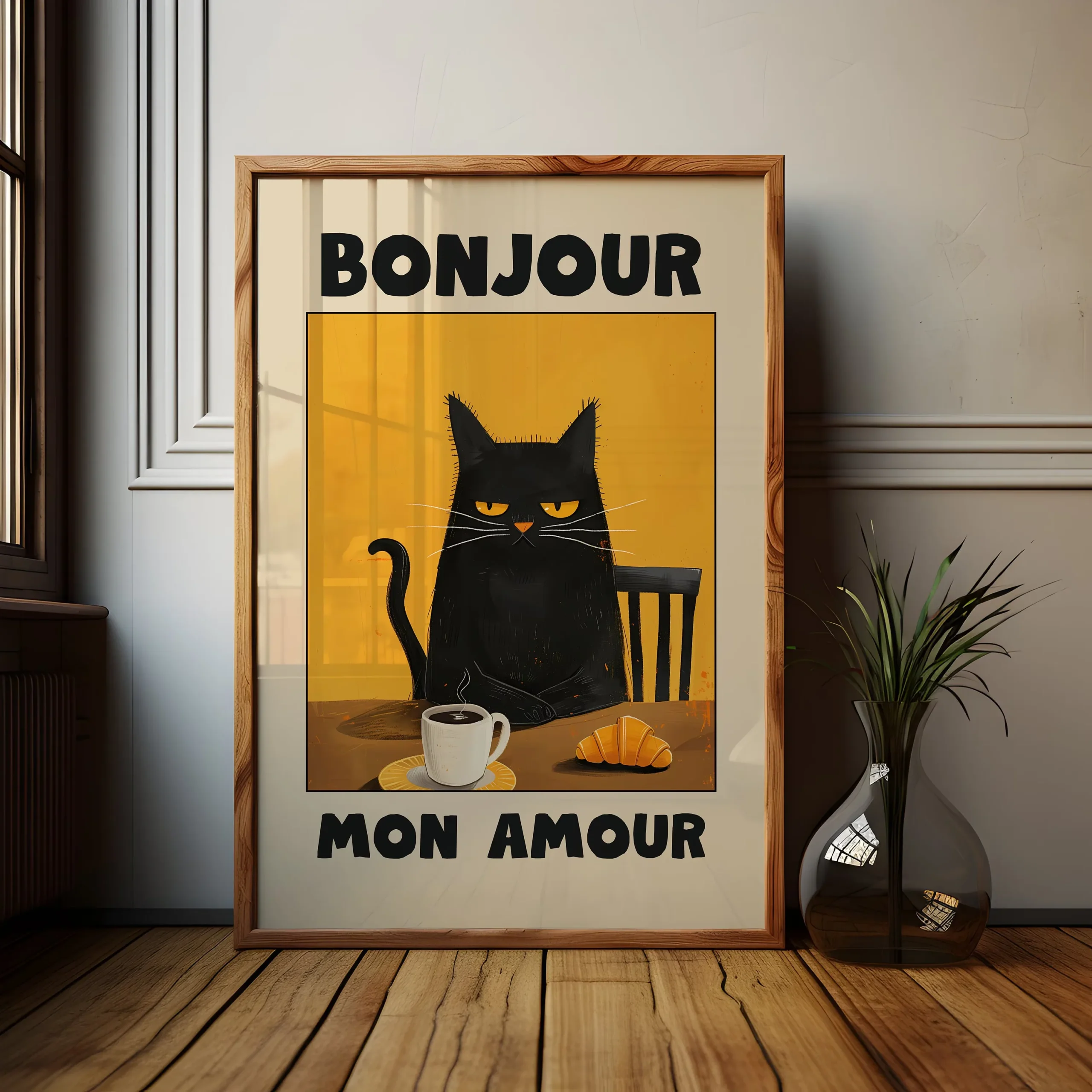 Plakat na plotnie Bonjour Mon Amour z czarnym kotem mid-century Biały