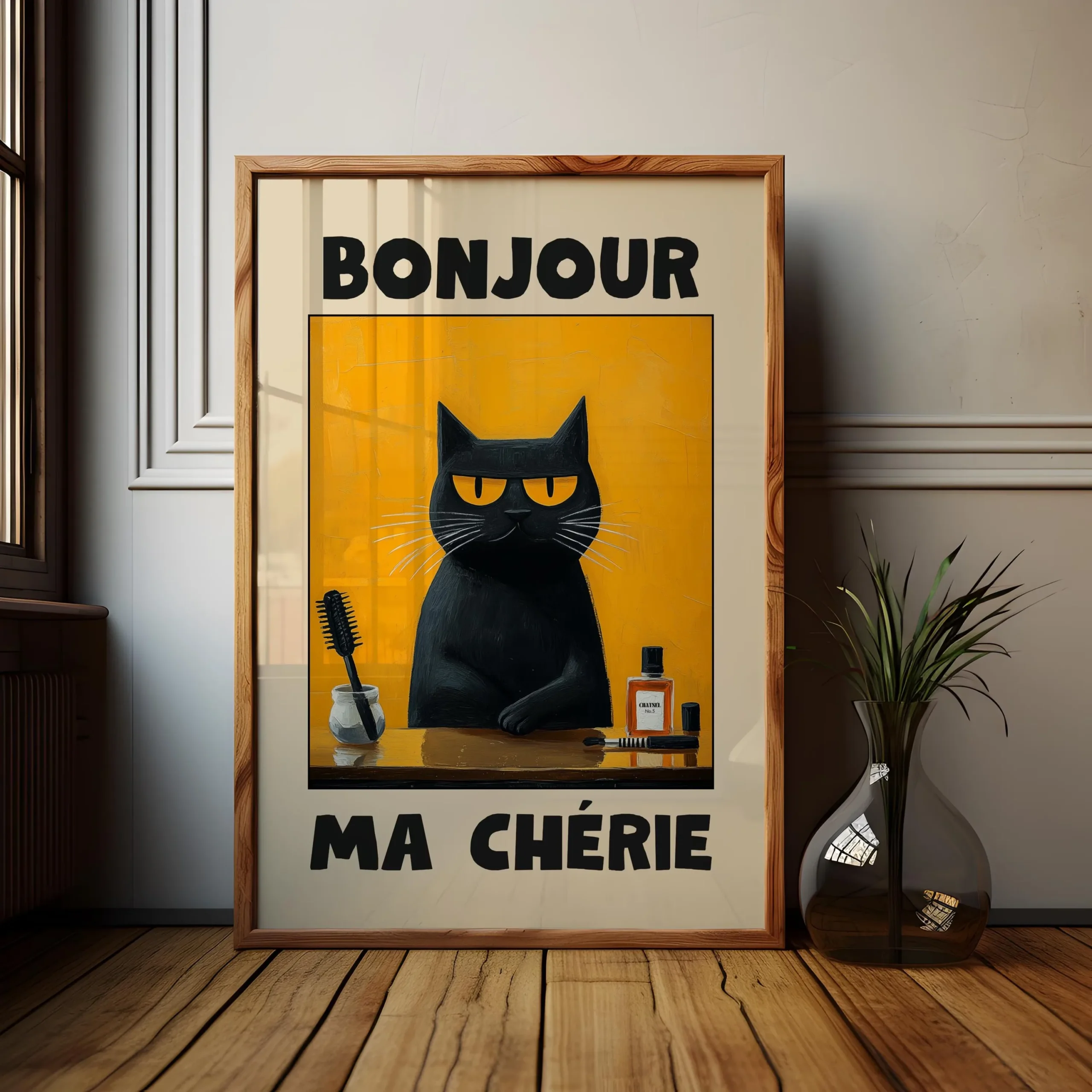 Plakat na plotnie Bonjour Mon Amour z czarnym kotem mid-century Burgundia