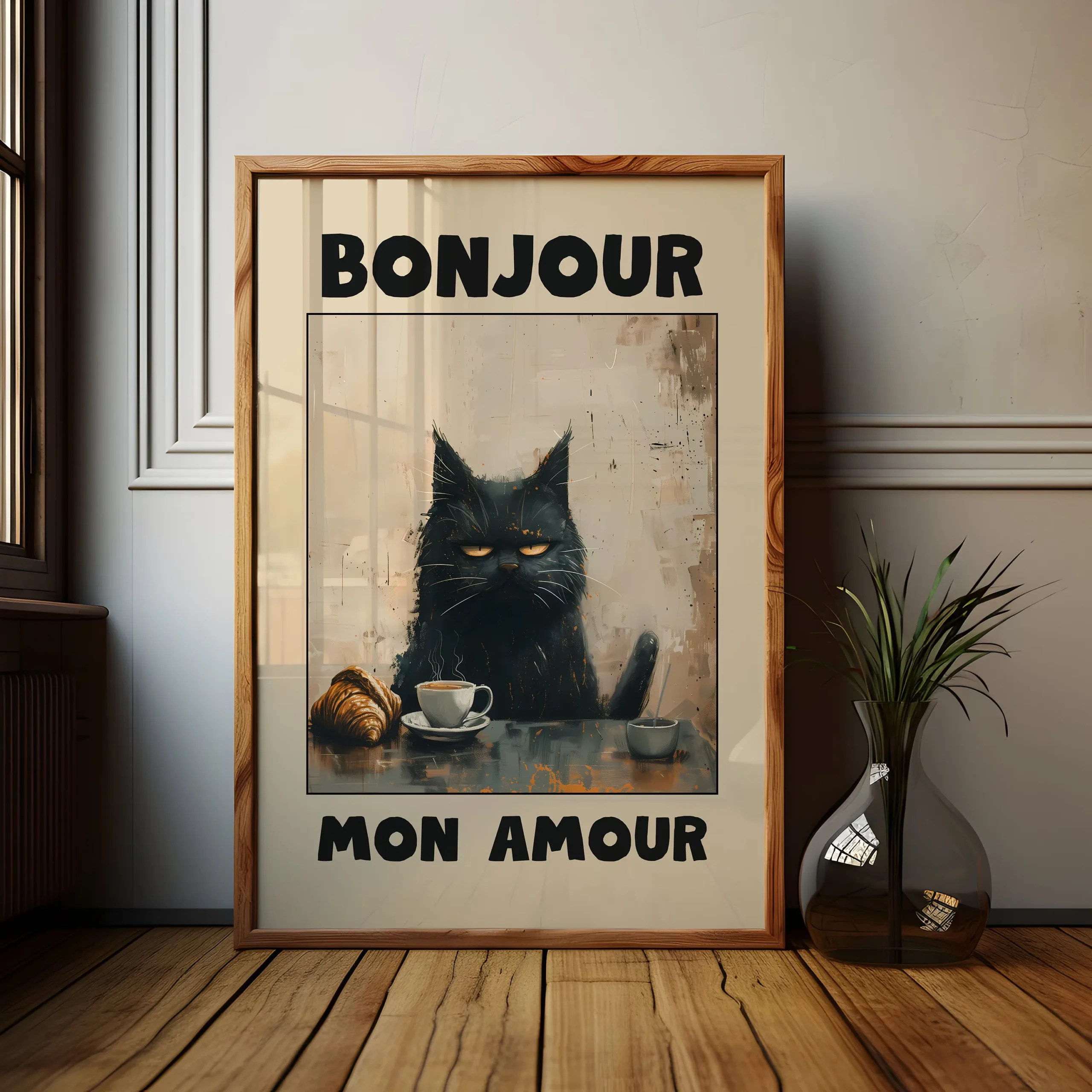 Plakat na plotnie Bonjour Mon Amour z czarnym kotem mid-century Czerwony