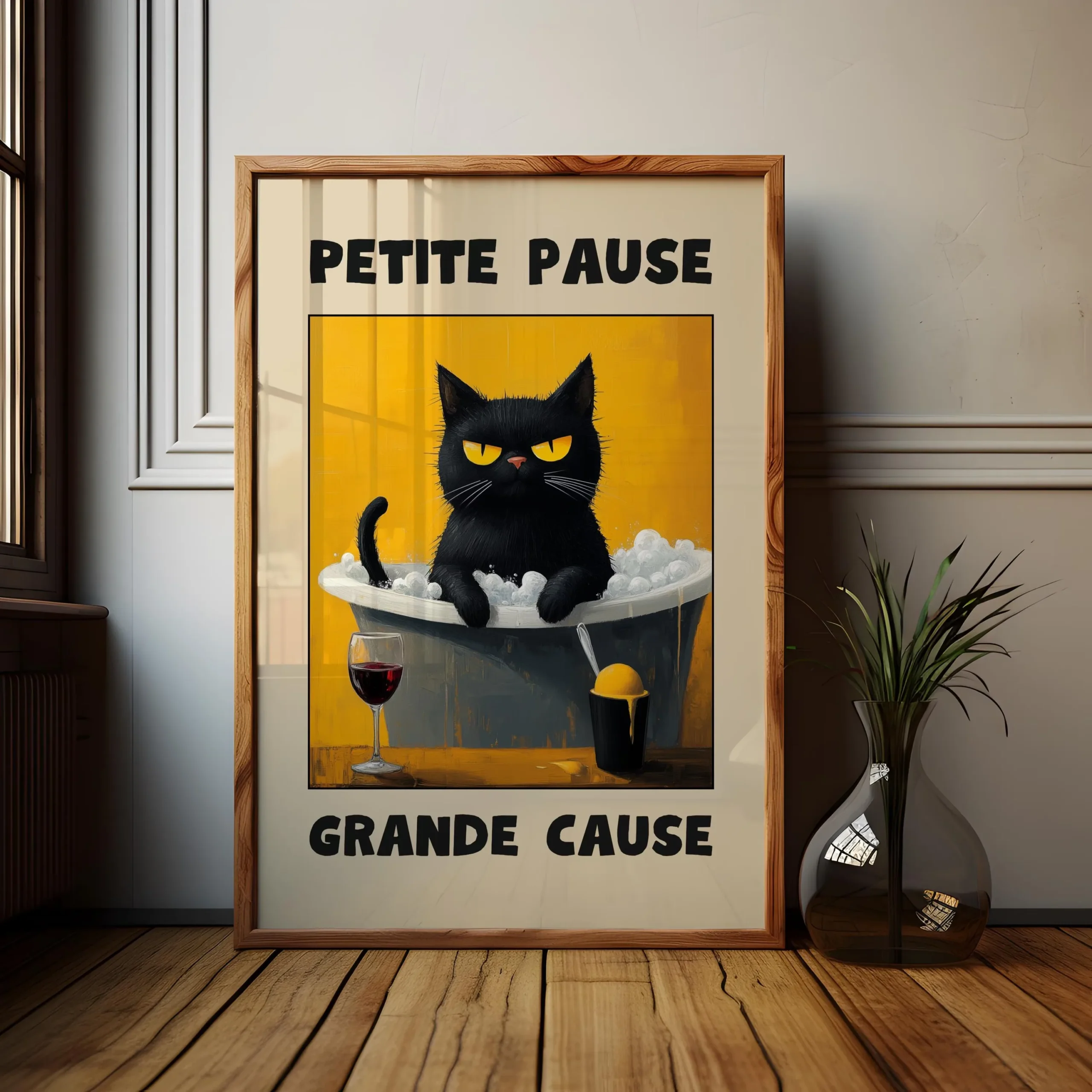 Plakat na plotnie Bonjour Mon Amour z czarnym kotem mid-century Fioletowy