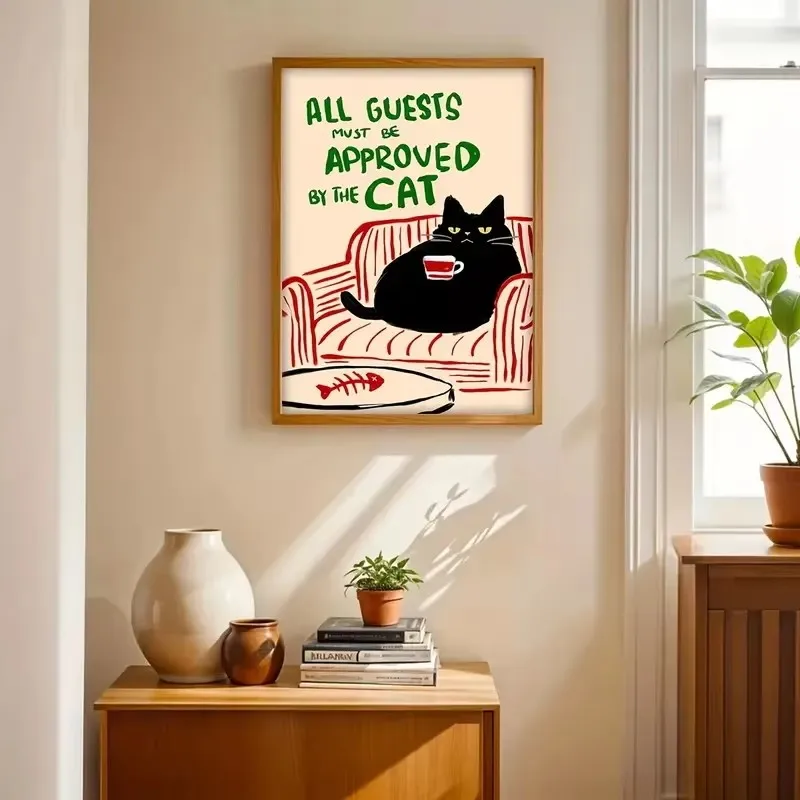 Plakat na plotnie Bonjour Mon Amour z czarnym kotem mid-century Głęboki niebieski