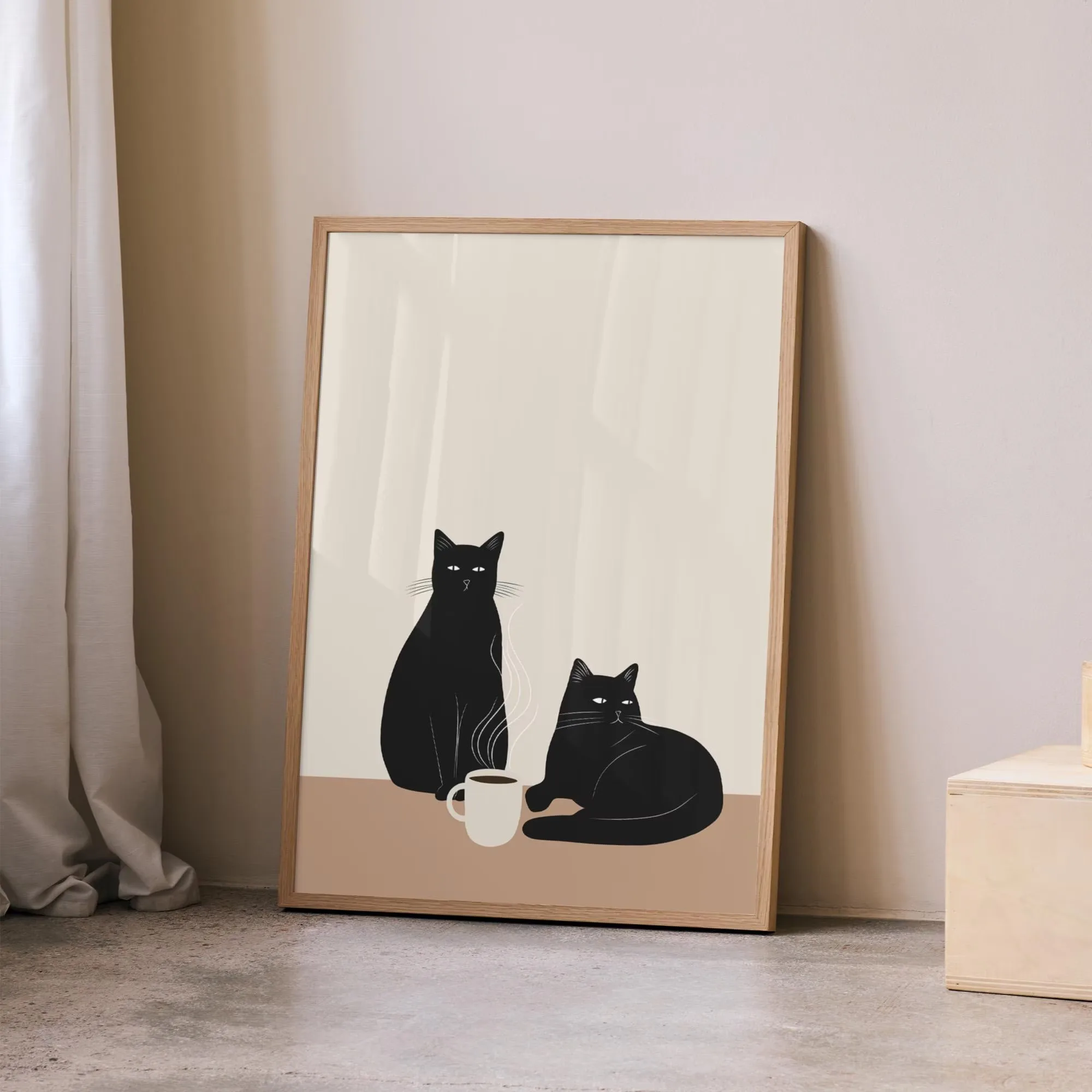 Plakat na plotnie Bonjour Mon Amour z czarnym kotem mid-century Jezioro błękitne