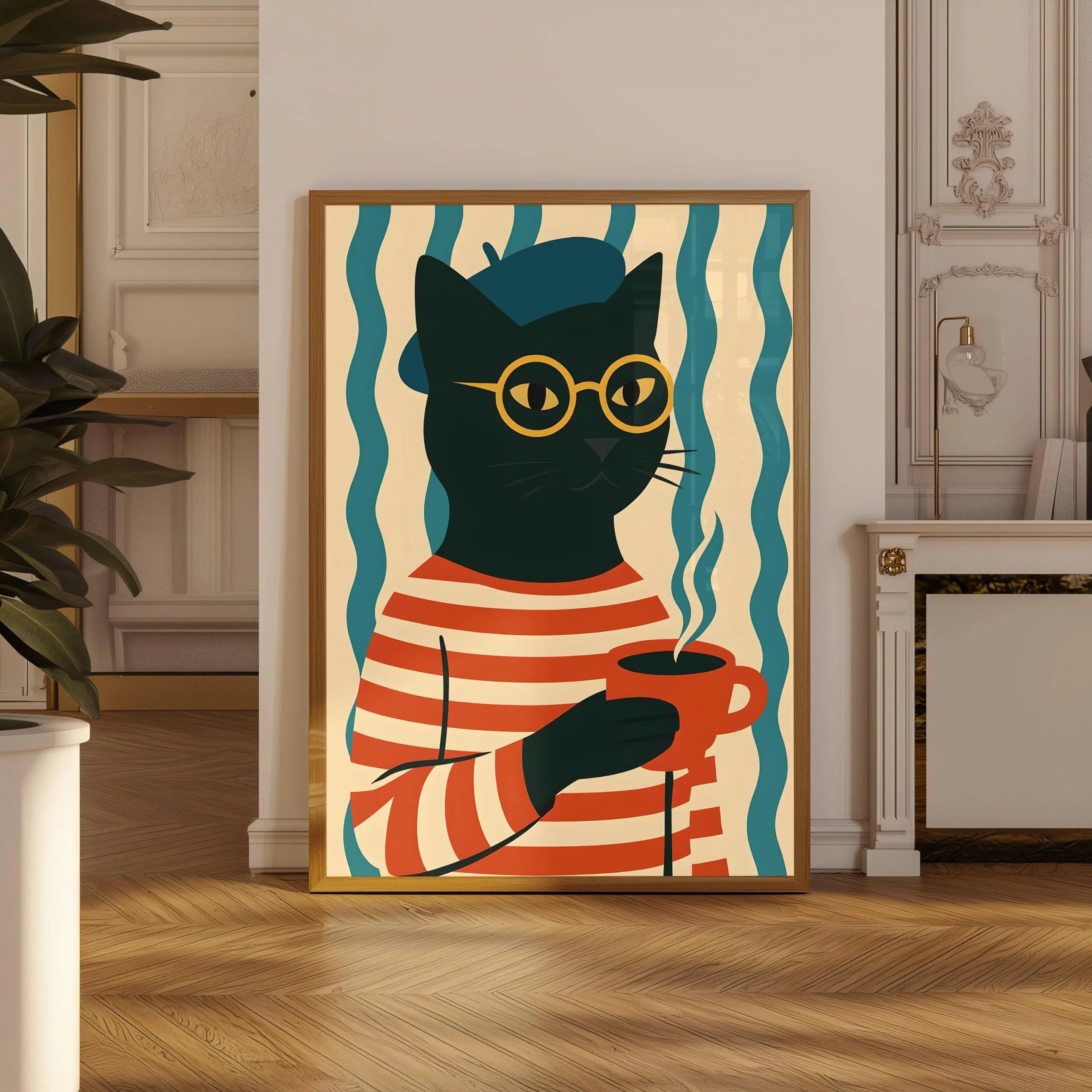 Plakat na plotnie Bonjour Mon Amour z czarnym kotem mid-century Kolba
