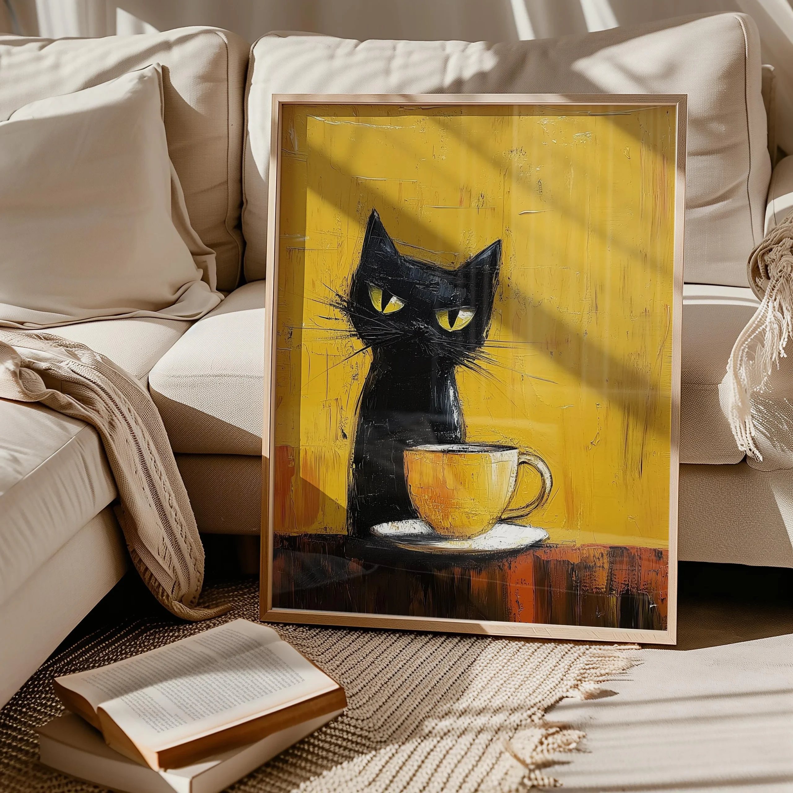 Plakat na plotnie Bonjour Mon Amour z czarnym kotem mid-century śliwka