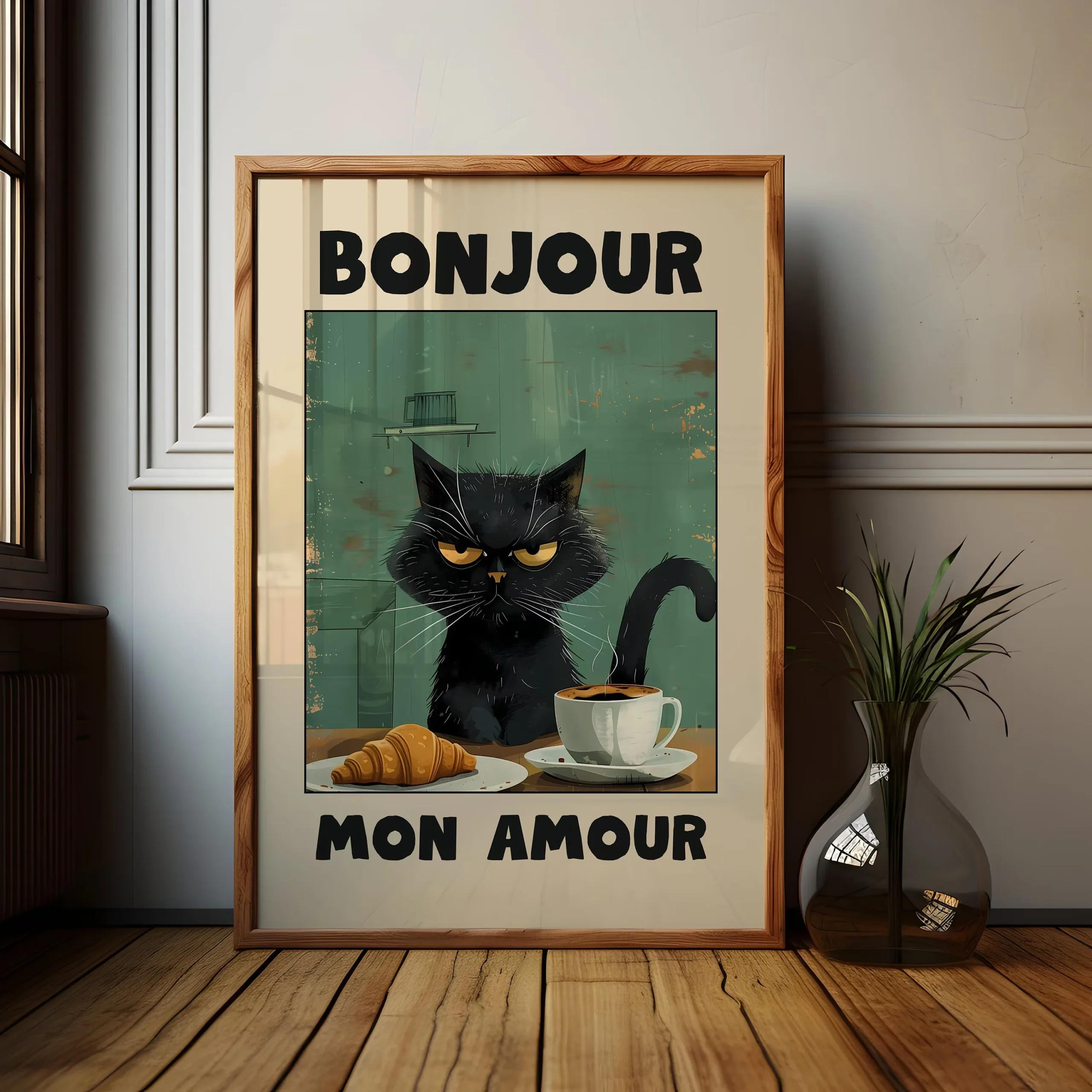 Plakat na plotnie Bonjour Mon Amour z czarnym kotem mid-century żółty